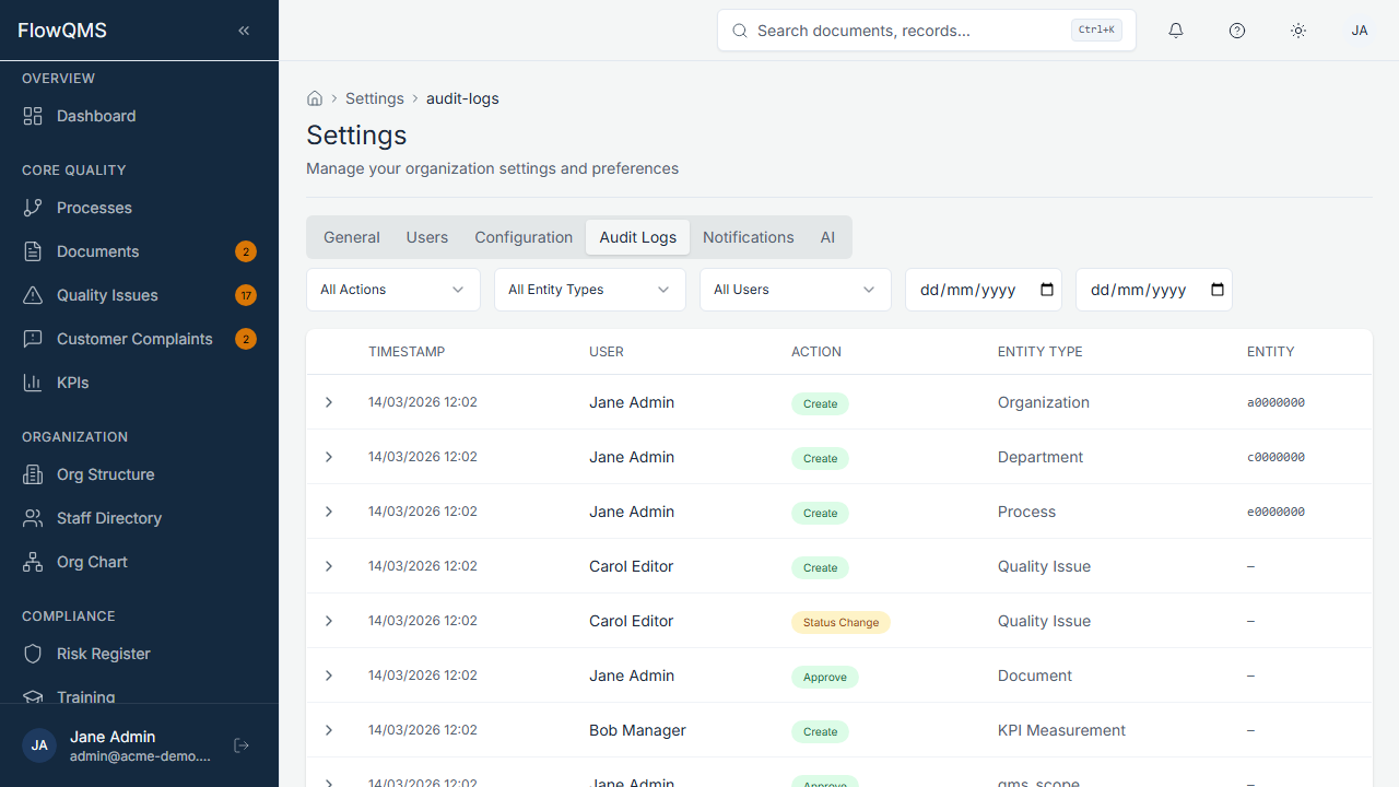 Audit logs table with diff view