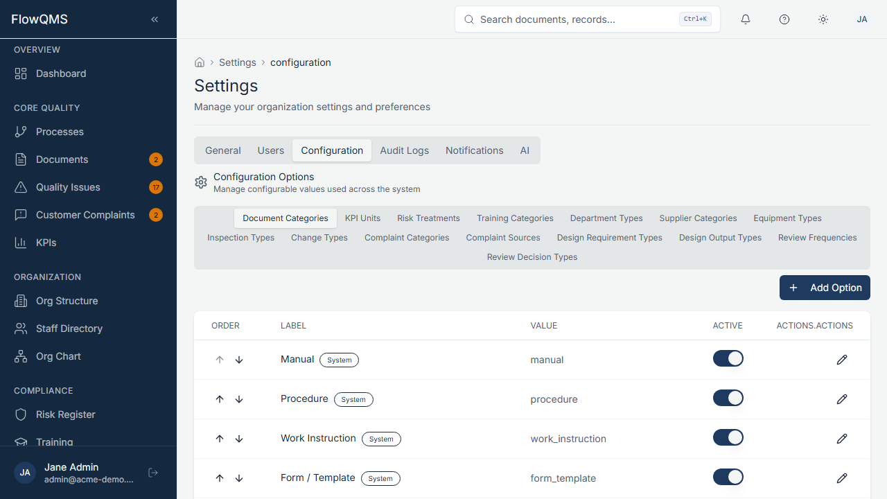 Configuration settings page