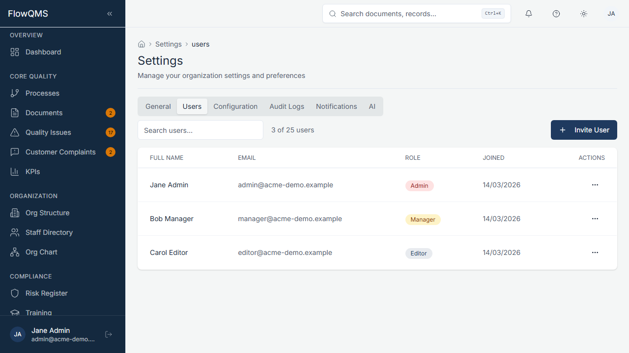 User management settings