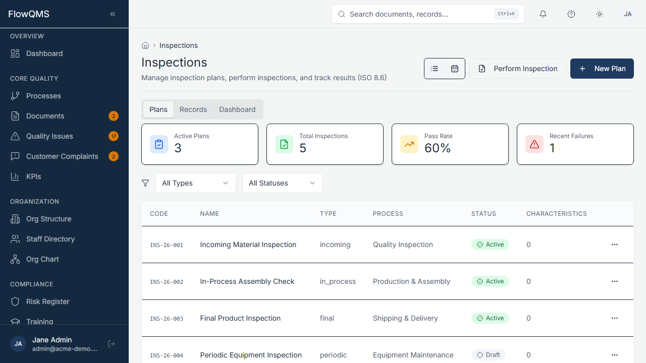 Inspection plans list view